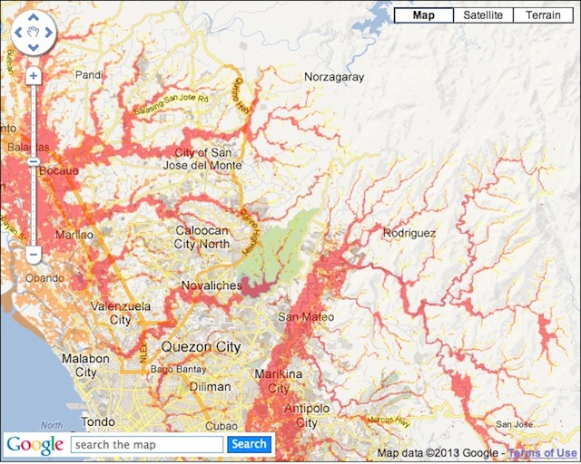 HAZARD MAP. Areas with high flooding or with waters more than 1.5 meters high are colored red on the map. Taken from nababaha.com