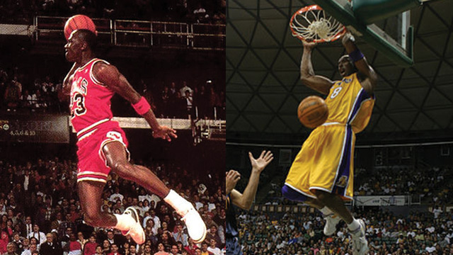 THE AIR UP THERE. Michael Jordan (L) and Kobe Bryant were both iconic for their ability to innovate above the rim. Photos from WikiCommons