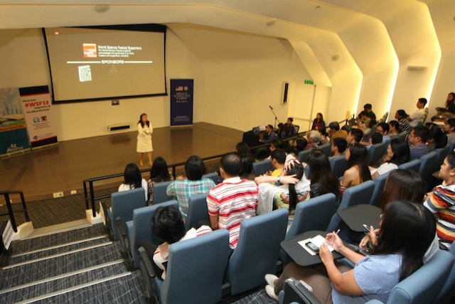 #WSF13 IN MANILA. Maribel Garcia, curator of The Mind Museum, speaks before the start of the first remote session of the World Science Festival (WSF), at The Mind Museum in Taguig City, May 31, 2013. Photo courtesy of the US Embassy in Manila