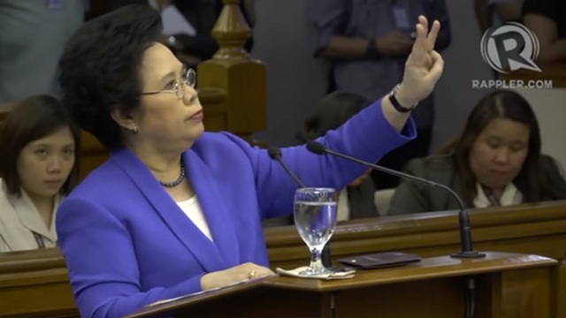 DOUBLE STANDARD? Senator Miriam Defensor Santiago asks why senators did not move to strike off Enrile's speech from the Senate records and are only commenting now after her speech. File photo 