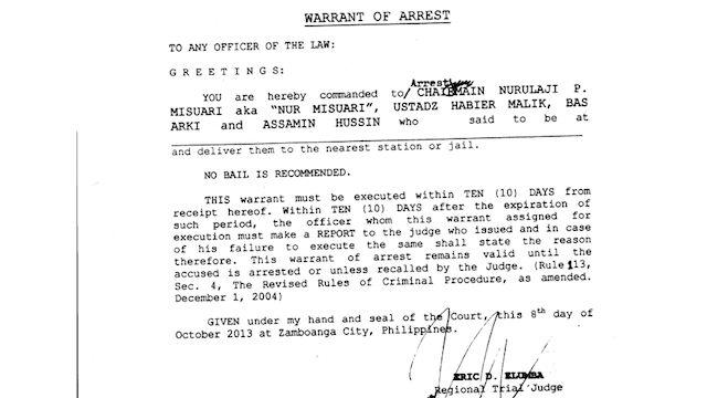 TEN DAYS: Court orders the Philippine National Police to arrest MNLF founder Nur Misuari within 10 days. Screenshot of the arrest warrant