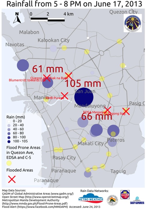 Figure 2. Data from the Manila Observatory, Metro Weather network and Makati City Network. Information on flooded areas from MMDA. Image by the Manila Observatory. 