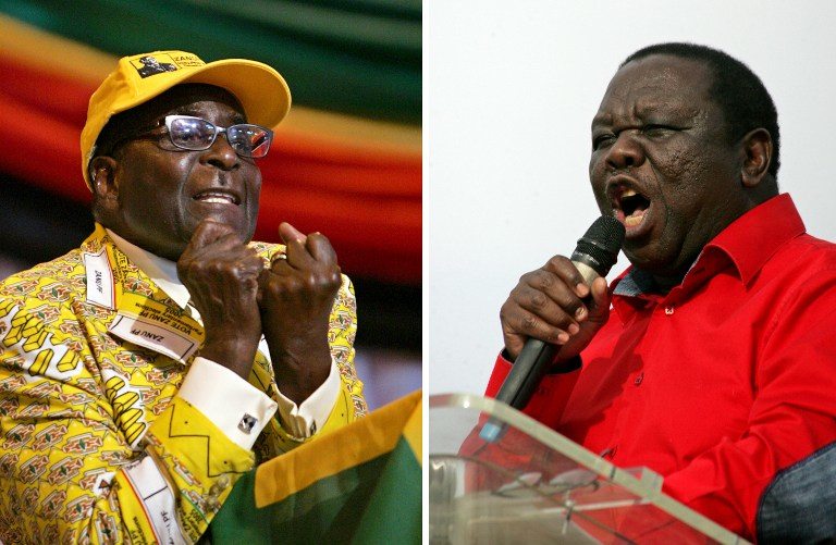 HEAD TO HEAD. This combination of two recent pictures taken in Zimbabwe shows (at L) Zimbabwe's president and leader of the Zimbabwe African National Union -Patriotic Front (ZANU-PF) Robert Mugabe, and (at R) Zimbabwe's Prime Minister and Movement for Democratic Change (MDC) leader Morgan Tsvangirai. Photo by AFP / Jekesai Njikizana