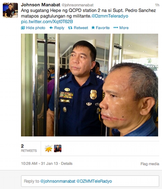 BEATEN UP. Quezon City commander Pedro Sanchez gets bruised after militants beat him up. Screen grab from dzMM reporter Johnson Manabat's Twitter account