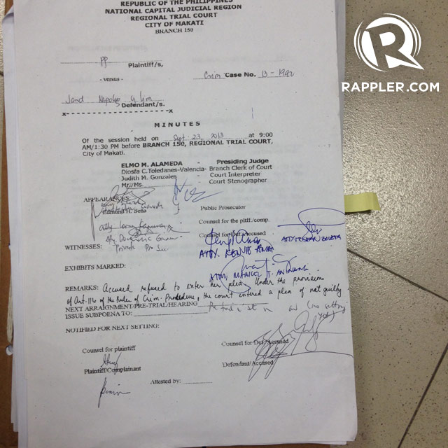 'NOT GUILTY.' Napoles stayed silent during her arraignment, according to the minutes of the Makati RTC Branch 150. Photo by Rappler