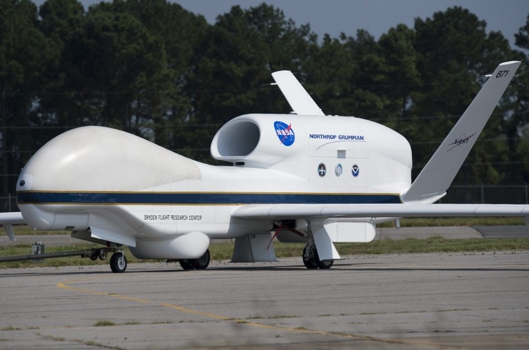 WEATHER DRONE. A NASA Global Hawk unmanned aerial vehicle, or drone aircraft, is towed after landing during a Hurricane and Severe Storm Sentinel, or HS3, mission at NASA's Wallops Flight Facility in Wallops Island, Virginia, on September 10, 2013. AFP / Saul Loeb