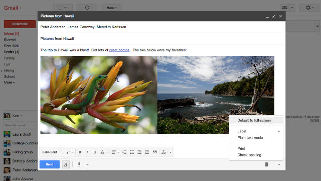 FULL SCREEN COMPOSITION. Gmail is changing how users compose emails, but is leaving something for folks who liked the way things were. Picture by Google