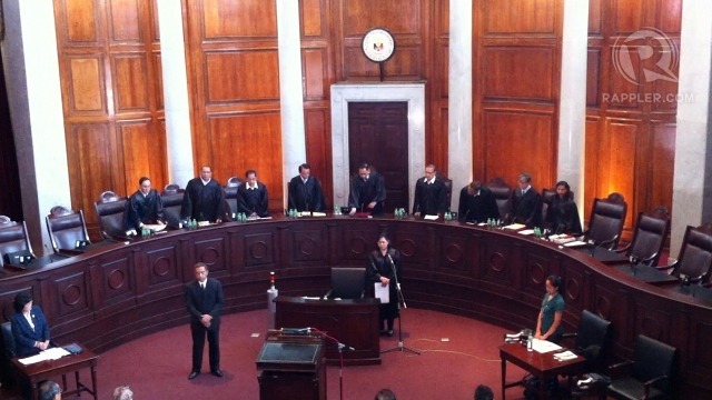 INCOMPLETE BENCH. Only 9 justices participated in the oral arguments because 5 nominees for Chief Justice inhibited. Justice Roberto Abad, however, opted not to inhibit. Photo by Ayee Macaraig 