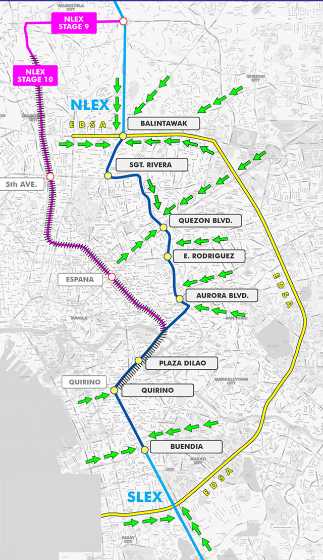 DUA JALAN.  Metro Pacific dan San Miguel-Citra mengusulkan untuk membangun jalan terpisah yang menghubungkan NLEx dan SLEx.  Usulan MPIC adalah garis merah muda, sedangkan usulan San Miguel-Citra adalah garis biru tua yang lebih pendek.  Ilustrasi Grup SMC-Citra