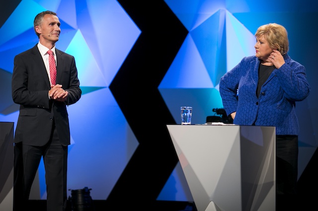 HEAD TO HEAD. Norway's main opposition leader Erna Solberg (R) of Hoyre party and Prime Minister Jens Stoltenberg (L) of Arbeiderpartiet party during a debate on national TV in Oslo, Norway, 06 September 2013. EPA/Heiko Junge