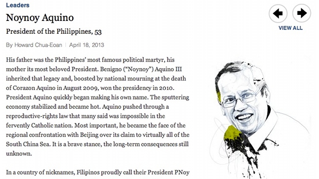 'INFLUENTIAL LEADER.' Time Magazine names President Benigno Aquino III among its 100 Most Influential People in the World. Screenshot from Time.com