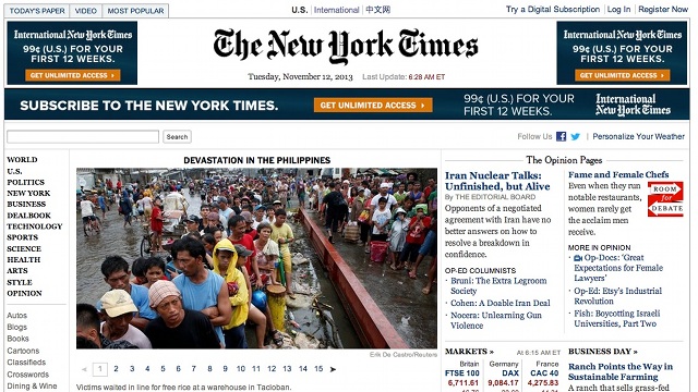 Screenshot of The New York Times US Edition's November 12, 2013 homepage 