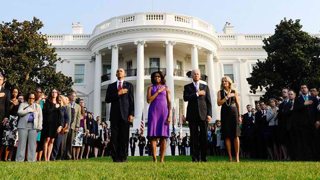 REMEMBERING A TRAGEDY. US President Barack Obama, First Lady Michelle Obama, Vice President Joe Biden and Jill Biden observe a moment of silence to mark the 12th anniversary of the 9/11 attacks in the White House. Photo by Jewel Samad/AFP
