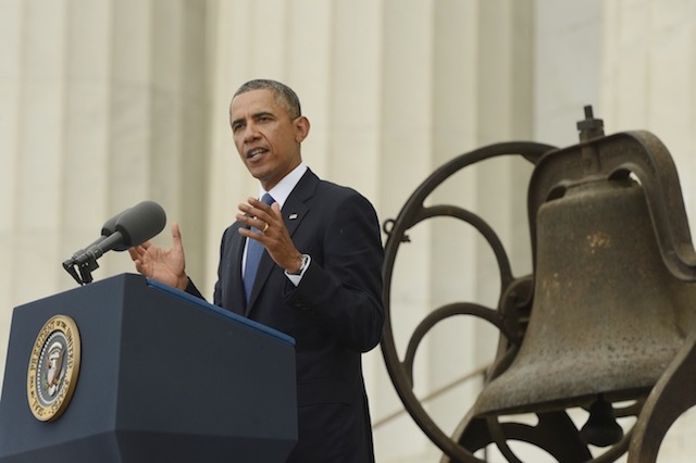 REMEMBERING 'I HAVE A DREAM' US President Barack Obama delivers remarks in front of a freedom bell during the 'Let Freedom Ring' commemoration event, at the Lincoln Memorial in Washington DC, USA, 28 August 2013. EPA/Michael Reynolds