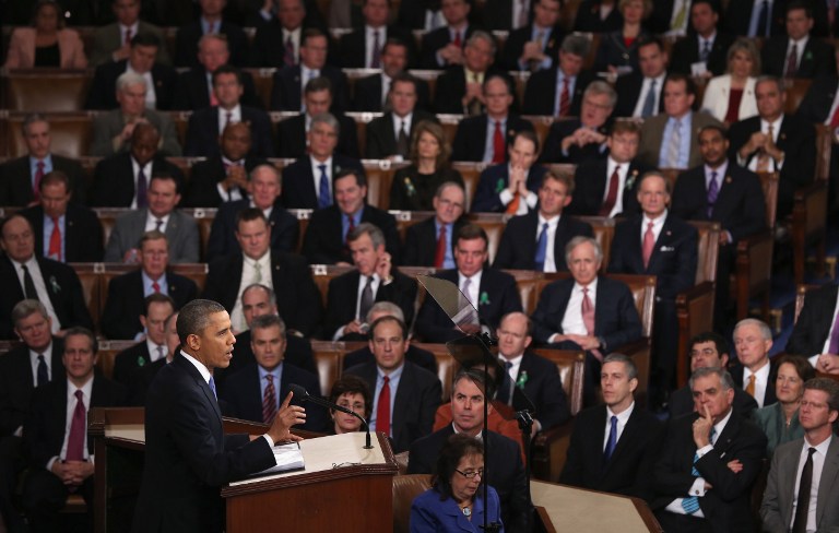 FACING AMERICA. U.S. President Barack Obama delivers his State of the Union speech before a joint session of Congress at the U.S. Capitol February 12, 2013 in Washington, DC. Alex Wong/Getty Images/AFP