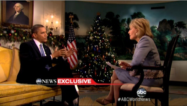 US President Barack Obama speaks to Barbara Walters in an interview in the White House, December 11, 2012. Frame grab courtesy of ABC News.