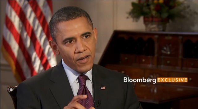 US President Barack Obama speaking during an interview with Bloomberg Television, posted on the news organization's site December 4, 2012. Frame grab courtesy of Bloomberg Television.