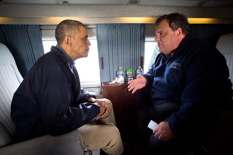 DISCUSSING THE DAMAGE. On Marine One, US President Barack Obama and New Jersey Governor Chris Christie survey the damage caused by Hurricane Sandy along New Jersey coast, Oct. 31, 2012. Official White House Photo.