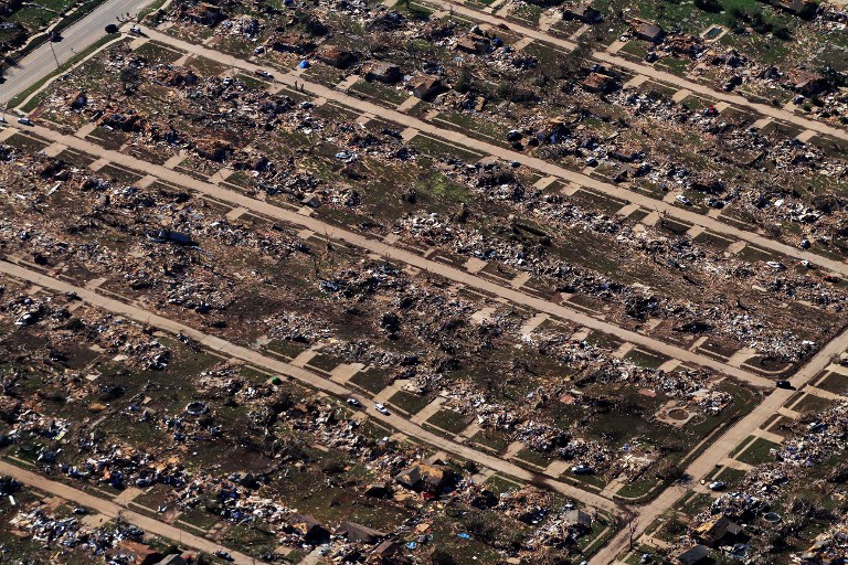 DECIMATED. An aerial view of destroyed houses and buildings on May 21, 2013 in Moore, Oklahoma. Benjamin Krain/Getty Images/AFP