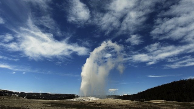 OLD FAITHFUL. View of the 'Old Faithful' geyser which erupts on average every 90 minutes in the Yellowstone National Park, Wyoming on June 1, 2011. Mark Ralston/AFP