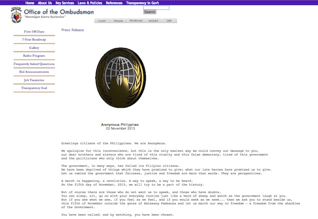 HACKED. A screenshot of the Press Releases page of the website of the Office of the Ombudsman, 3 Nov 2013.