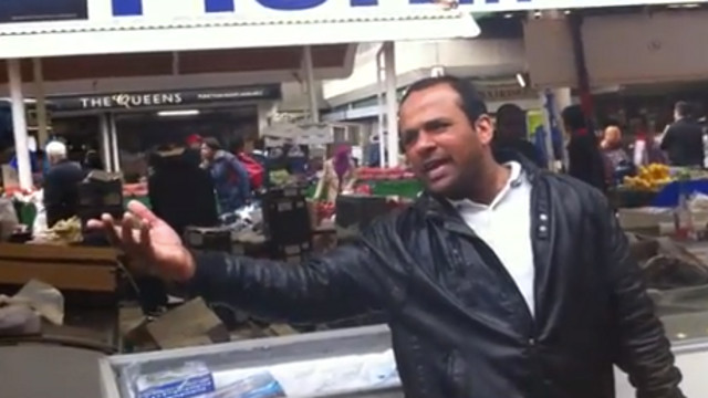HAVE-A-HAVE-A-LOOK! Muhammad Shahid Nazir performs his original 'One Pound Fish' at the Upton Park market in London. Screen grab from YouTube (Colin Miller)