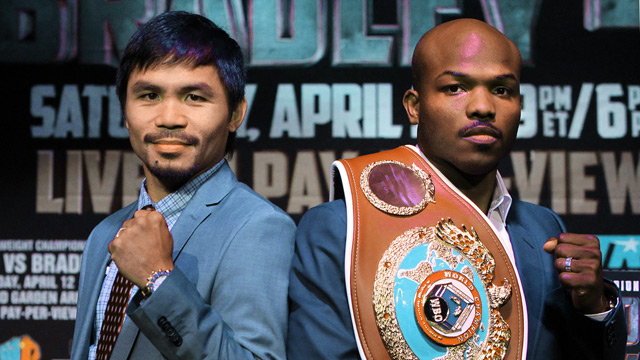 REMATCH. Manny Pacquiao and Timothy Bradley pose at the New York leg of their press tour to promote their rematch. Photo by Chris Farina/Top Rank