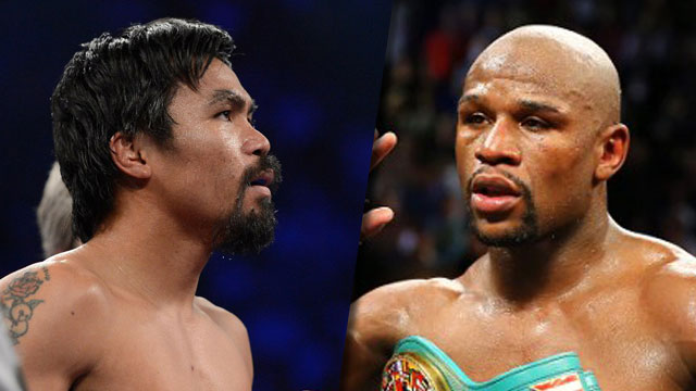 LOW BLOW. Mayweather and Pacquiao may not be any closer to their summit showdown, but that hasn't stopped Floyd from taking shots at Pacman. Photo by Kevork Djansezian & Al Bello/Getty Images/AFP