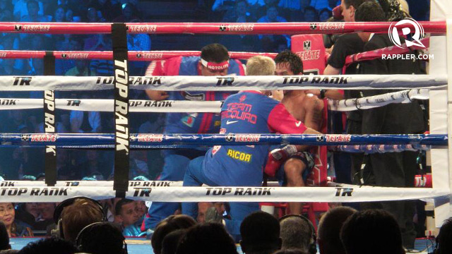 The Pacquiao corner after Round 4. Manny with a shot straight to Rios' face in Round 5. Photo by Rappler / Michael Josh Villanueva