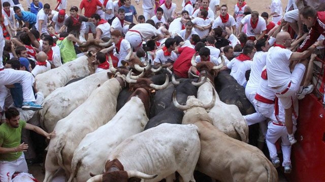 BULL ATTACK. Bulls and runners get blocked at the entrance of the bull ring of Pamplona. Photo by EPA.
