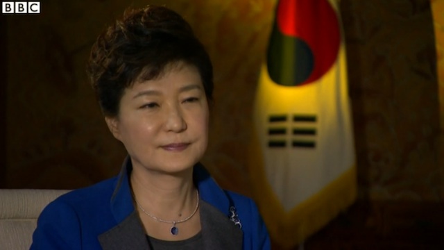 STRONG WORDS. South Korean President Park Geun-hye in an interview with the BBC in Seoul, South Korea, aired 4 November 2013. Frame grab courtesy of the BBC
