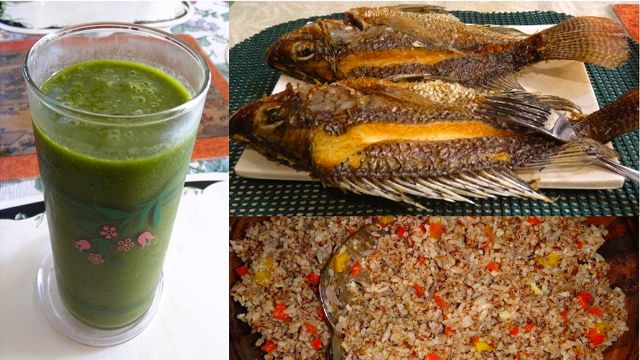 (Left) GREEN SMOOTHIE, A BREAKFAST fare. (Top) Organically-bred tilapia. (Bottom) Red organic rice.
