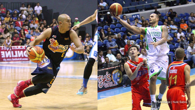EXPLOSIVE GUARDS. Burly combo guards Paul Lee (L) and Sol Mercado (R) explode on offense to lead their teams to wins. Photos by Nuki Sabio/PBA Image