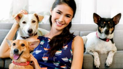 HEART EVANGELISTA WITH THREE rescued dogs from PAWS. Notice how all the dogs are smiling. Image from the PAWS Facebook page