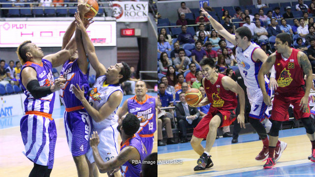 UPSET WEDNESDAY. Asi Taulava (L) and JC Intal (R) helped Air21 and Barako Bull, respectively score upsets vs Talk 'N Text and Petron. Photo by Nuki Sabio/PBA Images