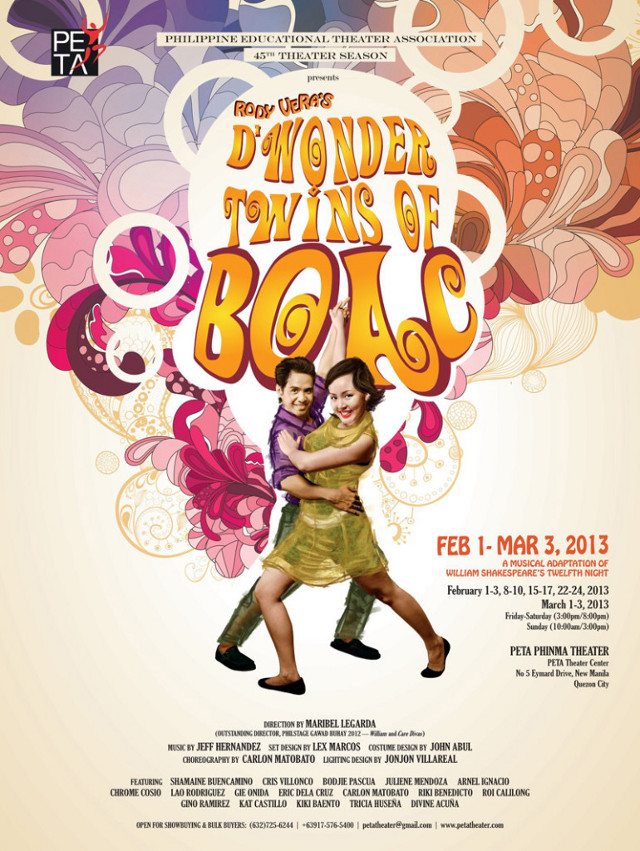 BRECHTIAN THEATER DELIVERED. PETA'S 'D Wonder Twins of Boac' subversively incites audiences into introspection and action even as it makes them laugh and sing. Poster courtesy of Rome Jorge