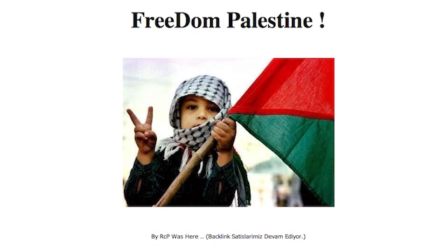 DEFIANCE. Screenshot of a Palestinian child on the hacked website, above the author's email