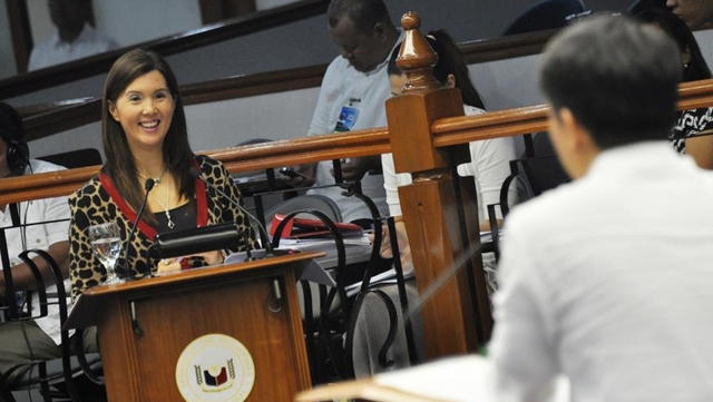 DEBATES OVER. Sen Pia Cayetano responds to questions from Sen Koko Pimentel on the RH bill. He was one of the last to interpellate the sponsor on the measure. Photo from Senate website