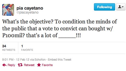 WATCH OUT. Sen. Pia Cayetano reacts angrily to the defense's allegations in her Twitter account. 