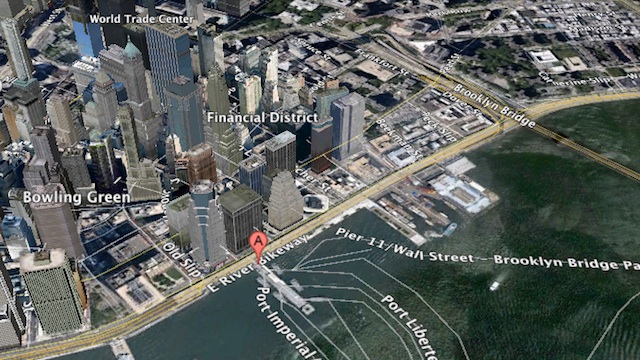 NEAR WALL STREET. 3D satellite image of Manhattan's Pier 11 from Google Maps