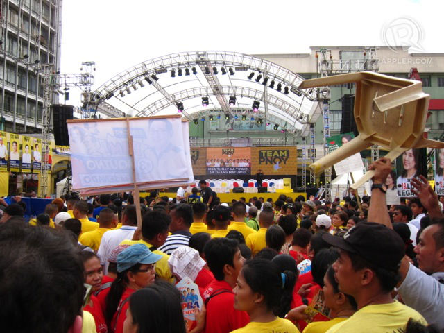 SOLD OUT. The crowd swells at the Team PNOY proclamation rally at Plaza Miranda. Supporters are identified by the different colored shirts they were. All photos by Zak Yuson