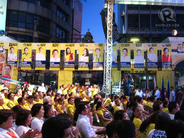 LINE UP. The posters of Team PNOY candidates line the archways of Plaza Miranda at the Team PNOY proclamation rally on Feb. 12, 2013. 