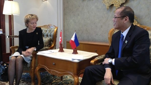 EUROPEAN COOPERATION. President Aquino meets with Swiss Confederation President Eveline Widmer-Schlumpf in one of 3 high-level meetings with European leaders at the sidelines of the ASEM in Laos. Photo by Finance Secretary Cesar Purisima