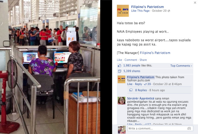 PLAYING GAMES. A viral photo on Facebook shows two airport employees playing video games while at work. Screen grab from the Filipino's Patriotism Facebook page.