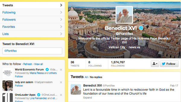 BYE TWITTER? Screenshot of Pope Benedict XVI's Twitter account