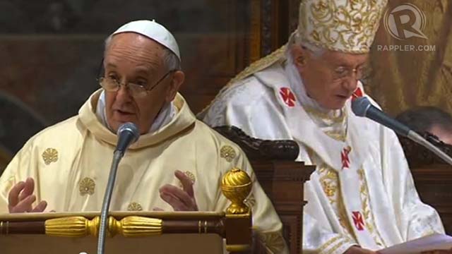 DIFFERENT STYLES. Pope Francis delivers his unscripted homily from a lectern, as opposed to Benedict XVI who used to read it from the pontiff's seat. Photo from AFP/Youtube; edited by Teddy Pavon