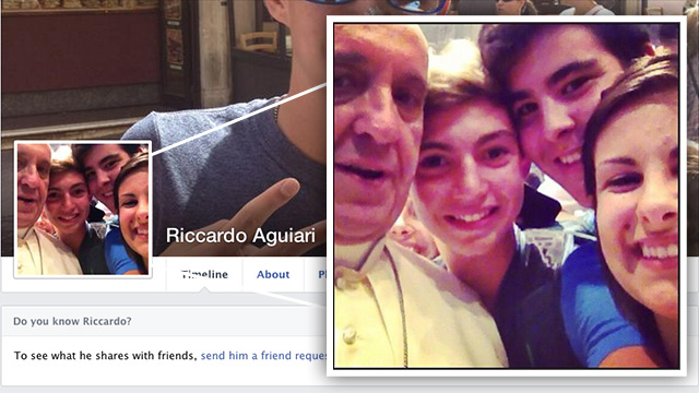 PAPAL 'SELFIE'. The picture appears on the Facebook page of one of the youngsters, who used it as his profile picture. Screenshot of Riccardo Aguiari's Facebook profile picture