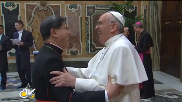 'HIGH HOPES.' In an audience after his election, Pope Francis tells Manila Archbishop Luis Antonio Cardinal Tagle that he's hopeful about the Philippines. Screen grab from youtube.com/vatican