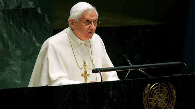 WORLD LEADER. Pope Benedict XVI addresses the United Nations General Assembly in April 2008. Photo from UN Multimedia