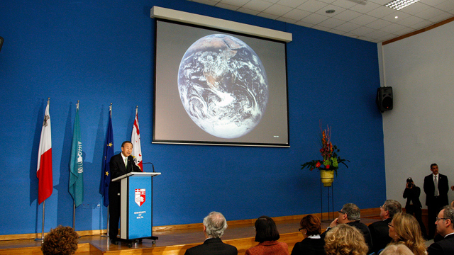 URGENT PROBLEM. UN Secretary-General Ban Ki-moon delivers an address at the inauguration of the Climate Change Monument in Malta in 2009. Photo from UN Multimedia